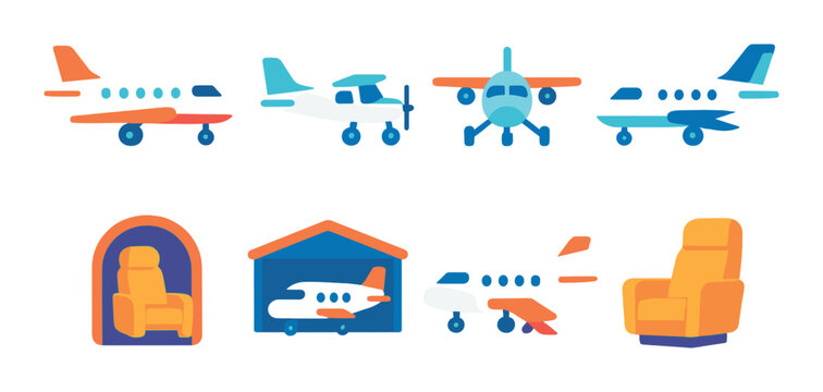 Airplane set. aviation silhouette planes. airplane, hangar, seat, cockpit, propeller vector icons.
