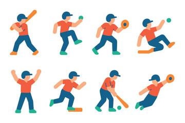 Baseball player set. sports training flat silhouettes. catch, swing, pitch, run, slide vector icons.
