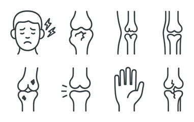 Fototapeta premium Joint pain icon set. arthritis, swelling, inflammation, bone, hand silhouette vector icons.