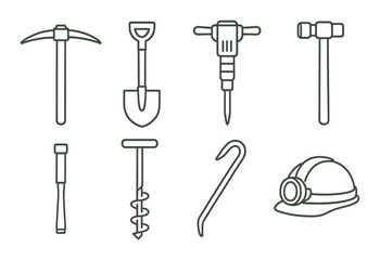 Tool icon set. construction equipment silhouette. pickaxe, shovel, drill, hammer vector icons.