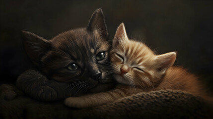 Puppy and kitten lying together i  F556F