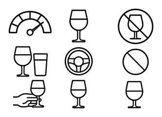 Alcohol awareness set. drinks steering wheel linear icons. glass, wine, no-alcohol, speed vector icons.