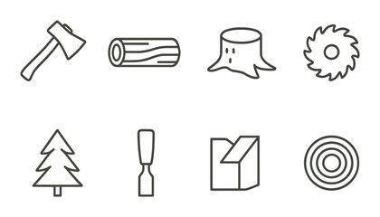 Obraz premium Woodworking tools set. linear style axe, log, stump, tree, saw, chisel vector icons.