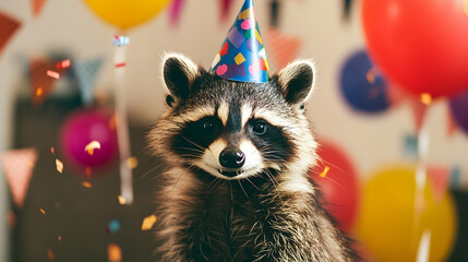 Raccoon in party hat enjoying bir  3B0B0