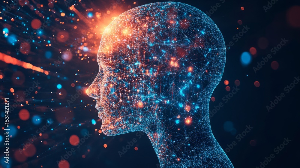 Poster profile of human head with glowing brain connected by neural networks and flowing data streams repre