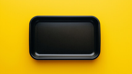 A black sleek  serving tray  on a yellow background