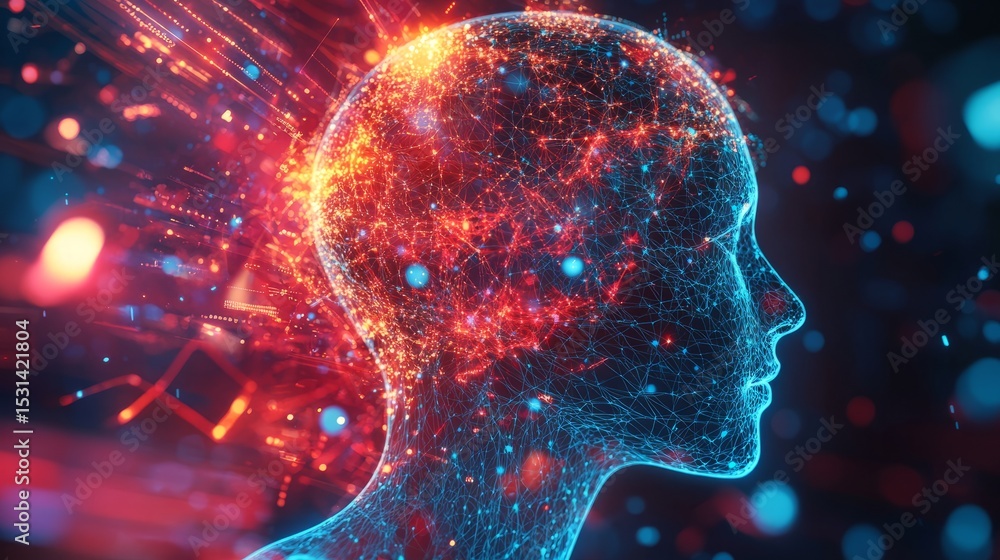 Poster profile of human head with glowing brain connected by neural networks and flowing data streams repre