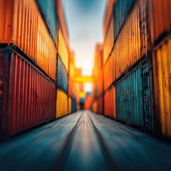Shipping containers, colorful, lined, perspective