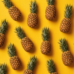Pineapples arranged in a repeating pattern on a bright yellow background