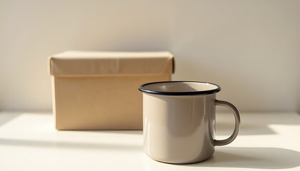 Minimalist Styled Mockup with Ceramic Mug and Gift Box in Morning Light.