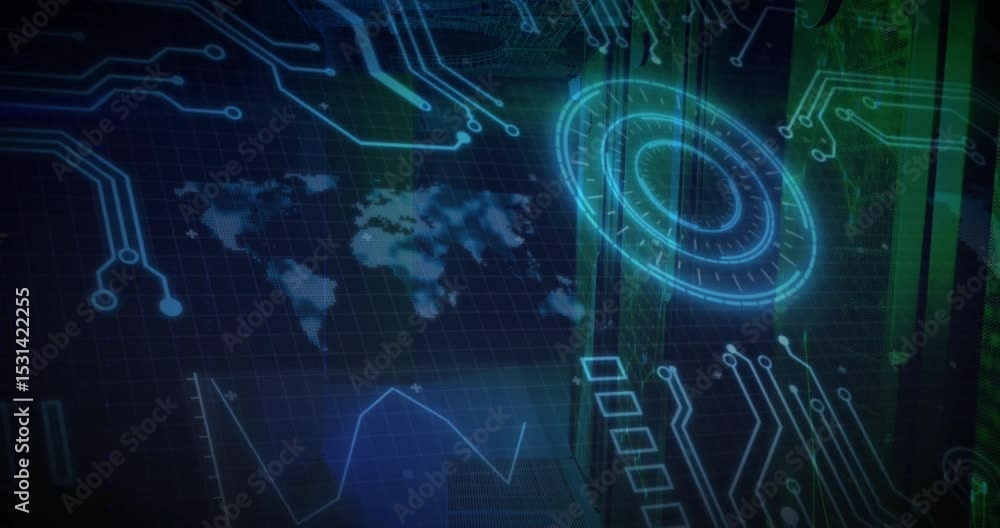 Poster upon world map flashing, circuit lines converging on scanner while graph pulsing processing data