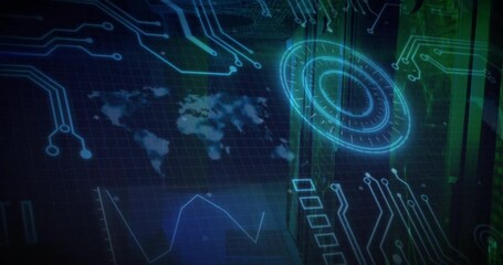 Upon world map flashing, circuit lines converging on scanner while graph pulsing processing data