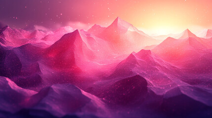 Pink mountain range at sunrise with glowing particles