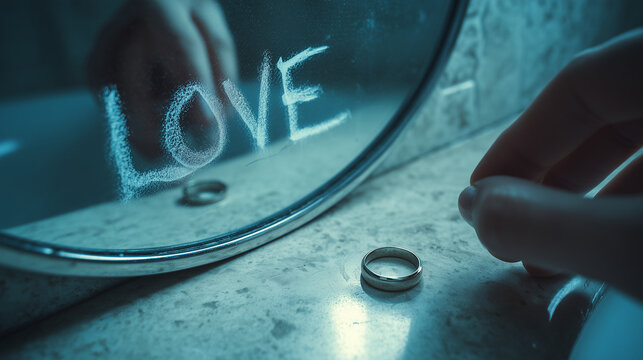 Hand writing "LOVE" on mirror beside wedding ring on surface  