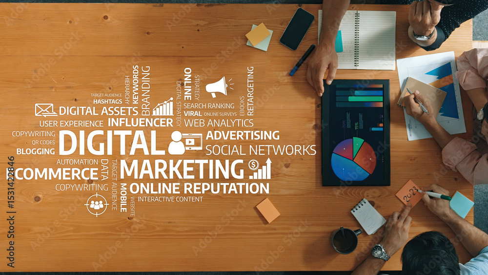 Poster a dynamic team collaborates on a digital marketing strategy, utilizing charts and analytics, fosteri