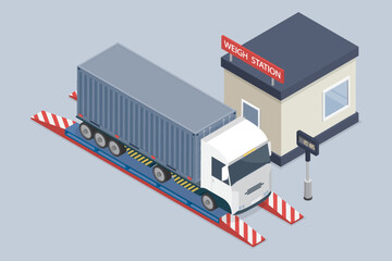 Weigh Station with Truck. Weighing control platform. 3d flat isometric vector illustration. Eps 10.
