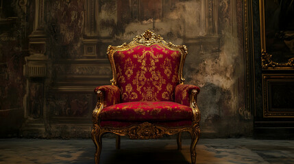 Red and gold ornate chair in dim   73943