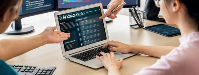 AI ethics responsibility standard law and rules on computer screen provide report of AI ethic...