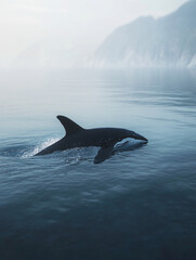 Capture serene beauty of majestic whale gliding through calm waters, surrounded by misty mountains and tranquil scenery. This evokes sense of peace and wonder