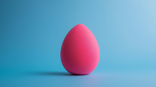 A soft pink beauty blender resting on a vibrant blue background, highlighting its teardrop shape and smooth, spongy texture.
