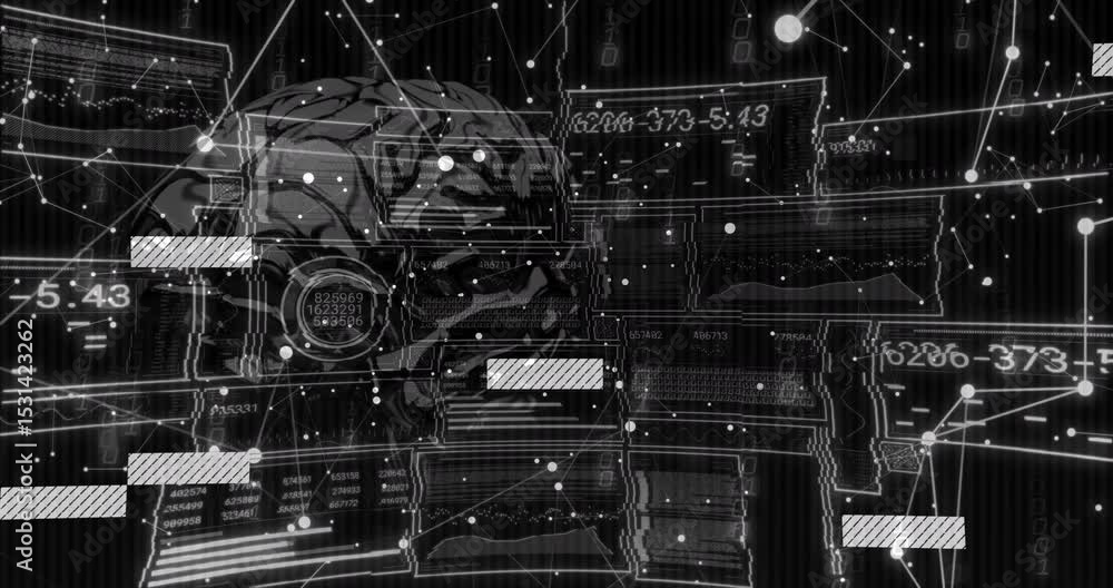 Poster wireframe brain emerging center grid flickering bars sliding and codes updating displaying data