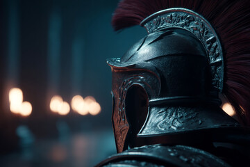 Detailed close up of Roman gladiator helmet, showcasing intricate designs and striking red plume. background features soft, ambient lighting, enhancing warrior imposing presence