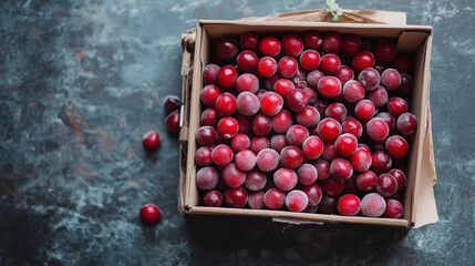 A box of frozen cranberries resting on a rustic stone table, with icy frost clinging to the vibrant red berries for a fresh, chilled look.
