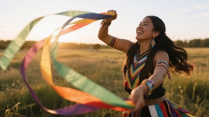 Indigenous Woman Dancing with Ribbons
