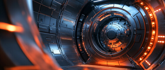 Futuristic tunnel with metallic walls and glowing orange lights creates captivating atmosphere. sleek design and intricate details evoke sense of advanced technology and exploration
