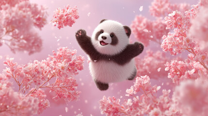 Delightful digital illustration of panda surrounded by blooming cherry blossoms, exuding joy and playfulness vibrant, colorful setting. panda fluffy fur contrasts beautifully with soft pink