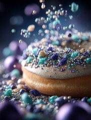 Colorful and enticing donut topped with shimmering sprinkles and vibrant decorations, surrounded by festive array of edible glitter and colorful beads, creating delightful visual treat