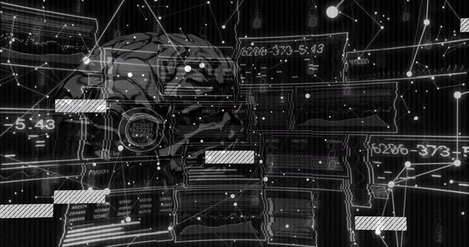 Wireframe brain emerging center grid flickering bars sliding and codes updating displaying data