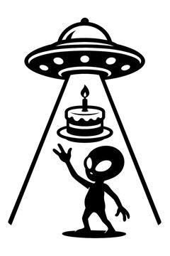 Whimsical Black and White Alien Abducting Birthday Cake with UFO Beam Vector