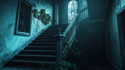 Abandoned gothic mansion features grand staircase enveloped in shadows and overgrown vines, evoking sense of mystery and nostalgia. dim light filters through windows, enhancing eerie atmosphere