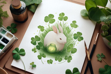 Charming illustration of rabbit nestled among vibrant green clovers, with glowing jar nearby, creating whimsical and serene atmosphere. artwork captures essence of nature and tranquility