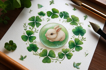 Charming rabbit illustration surrounded by vibrant green clovers, showcasing intricate details and serene atmosphere. artwork captures essence of nature beauty and tranquility