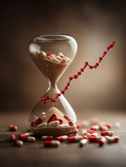 Hourglass filled with sand and capsules symbolizes passage of time and health. rising success chart made of red beads illustrates growth and progress in wellness