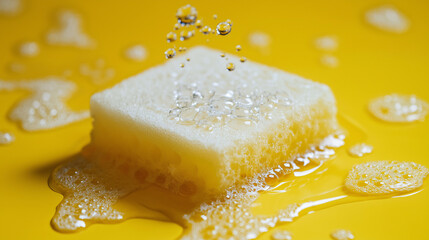  yellow sponge with water droplets, highlighting a clean and ready-for-use kitchen setup.
