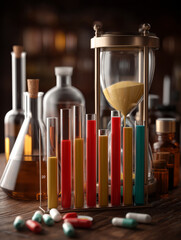 Captivating scene featuring hourglass alongside colorful test tubes filled with vibrant liquids, symbolizing passage of time and scientific exploration. background includes various glass