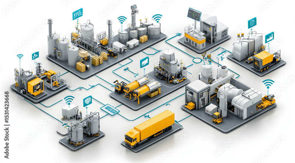 Poster smart warehouse management system, featuring interconnected iot devices that enable a seamless flow 