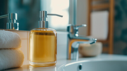 Liquid soap in a transparent bottle against a bathroom background, showcasing its clear, clean, and hygienic appearance.
