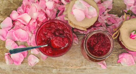 Rose petal jam in the garden. Selective focus.