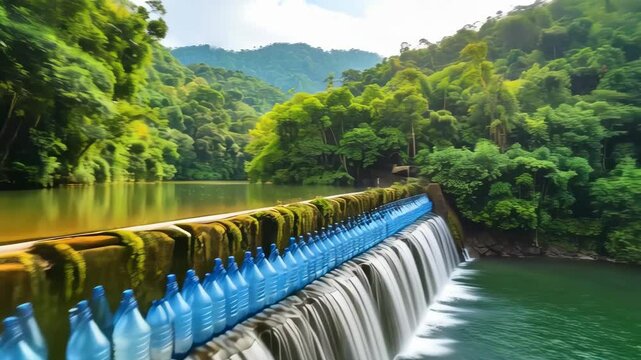 River dam scene with rows of blue water bottles, flowing water, trees, foliage, river, and mountains, lush greenery background and mossy dam.