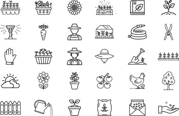A collection of vector icons representing various aspects of gardening and agriculture. Includes illustrations of plants, tools, farmers, and elements related to sustainable living and farming practic