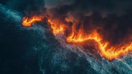 Burning Flames Floating on the Ocean Surface Causing Environmental Destruction