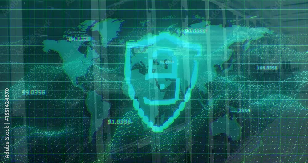 Poster grid overlaying map ui initiating data labels fading and wave sweeping while shield securing data