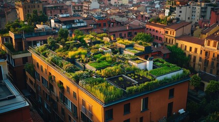 Aerial View of Milan Cityscape Featuring Building with Green Roof and Plants