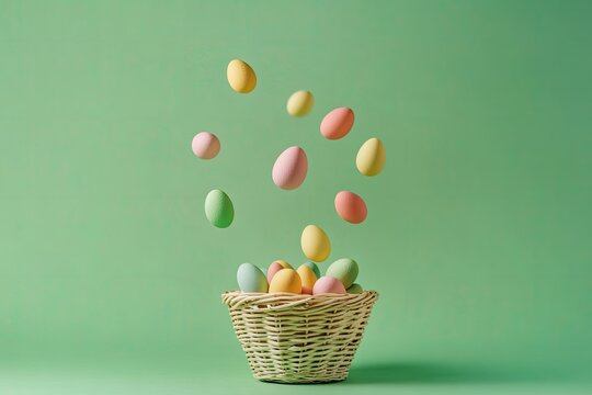Pastel-colored eggs are floating and falling into a wicker basket against a muted green background