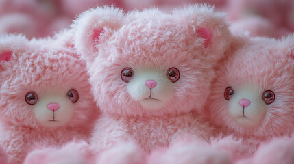 Obraz premium Pink teddy bears crowd, close-up, blurred background, retail display