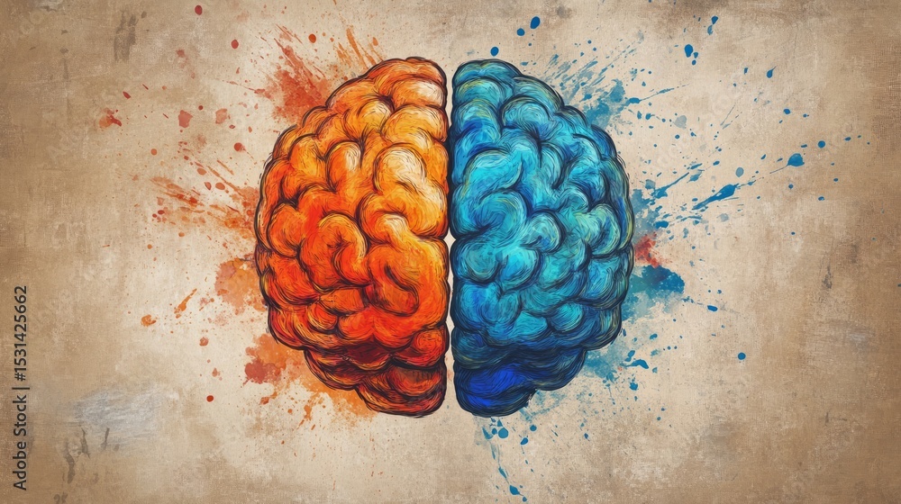 Poster modern artistic illustration of a split human brain highlighting left and right hemisphere functions